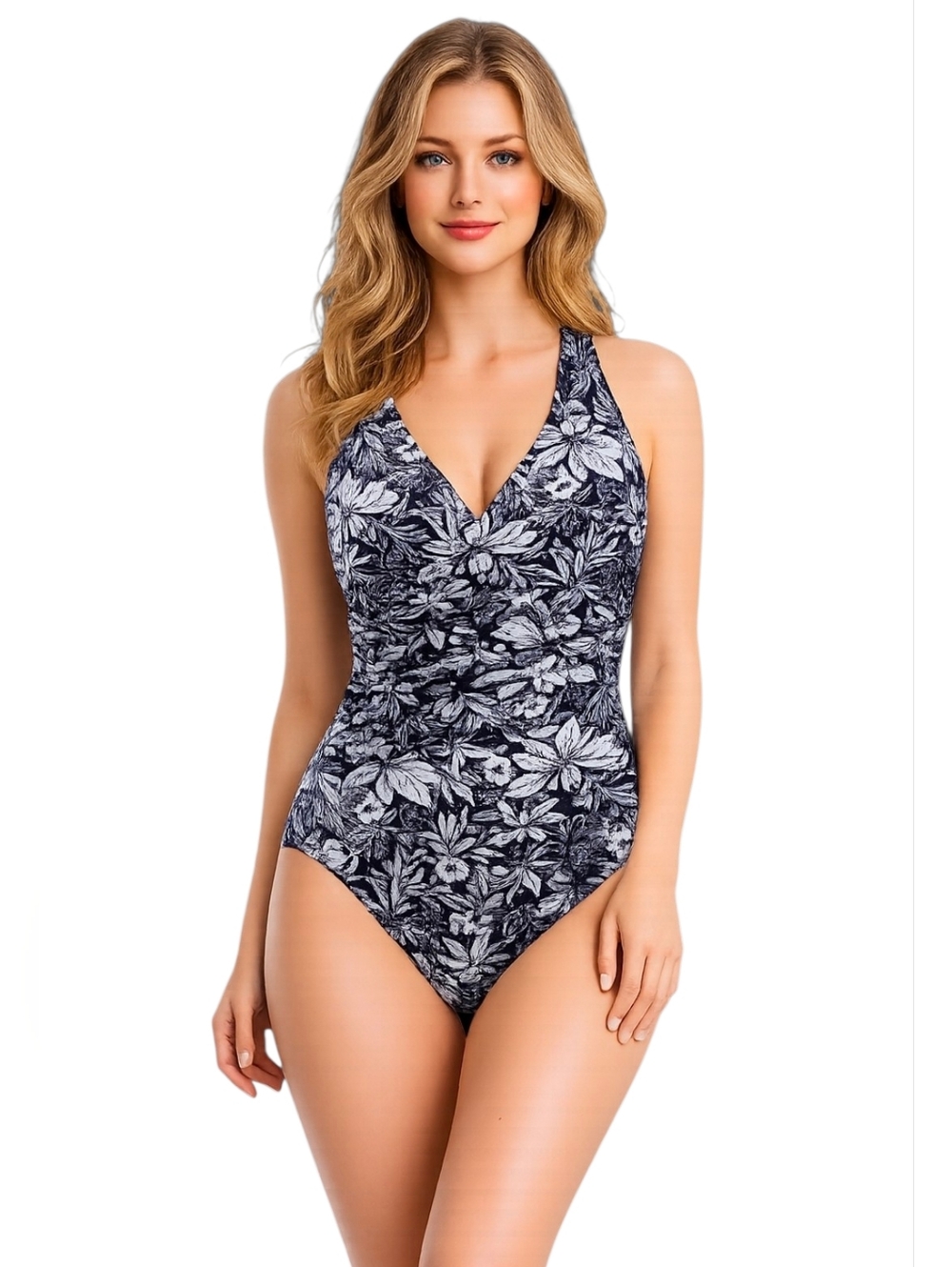L.L.Bean Women's Shaping Swimwear Tanksuit  black/white tropical fern floral 12